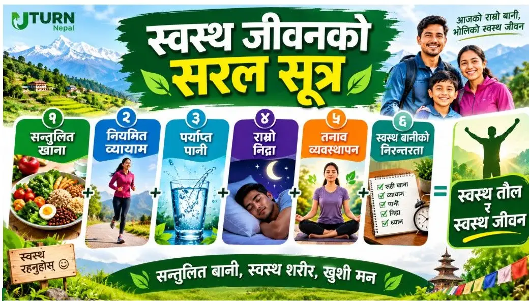 स्वस्थ जीवनको सरल सूत्र: खाना, पानी, व्यायाम, निद्रा र तनाव व्यवस्थापन